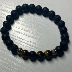 Black Lava Stone & Tiger Eye Beaded Stretch Bracelet